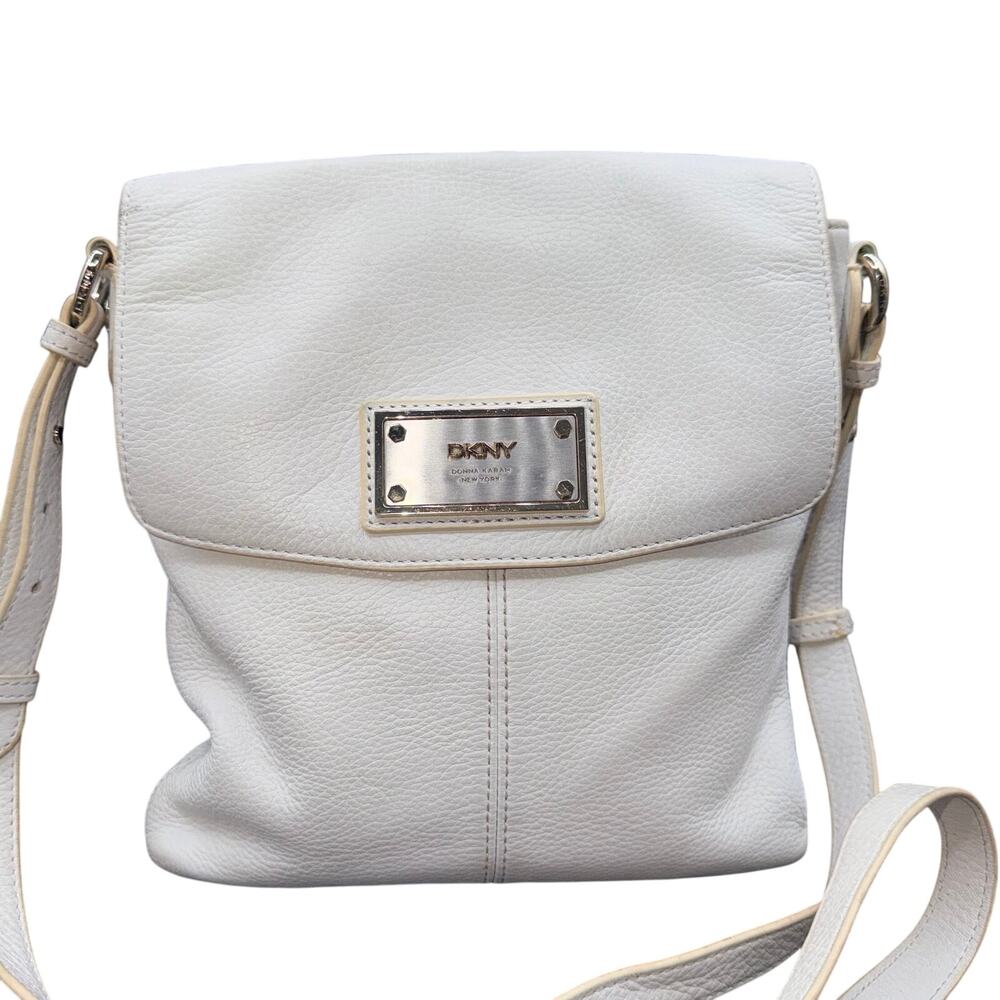 DKNY Donna Karan White Leather Crossbody Bag Flap Purse Adjustable Strap